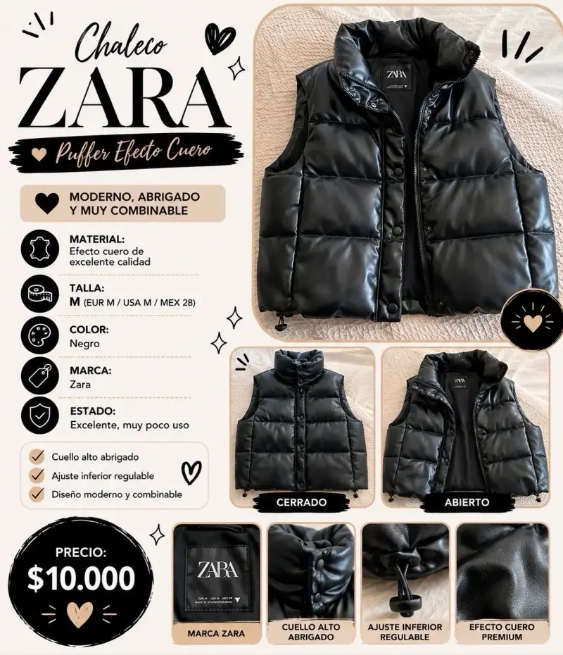 Puffer Zara acolchado negro mujer S/mangas - 3