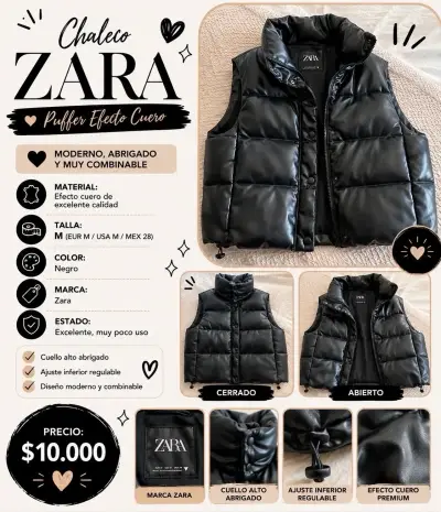 Puffer Zara acolchado negro mujer S/mangas - miniatura 3