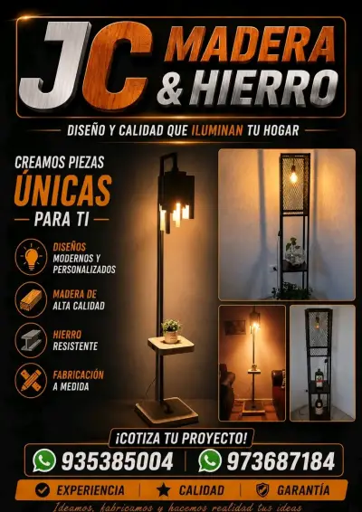 Lámpara de pie de madera y hierro - miniatura 1