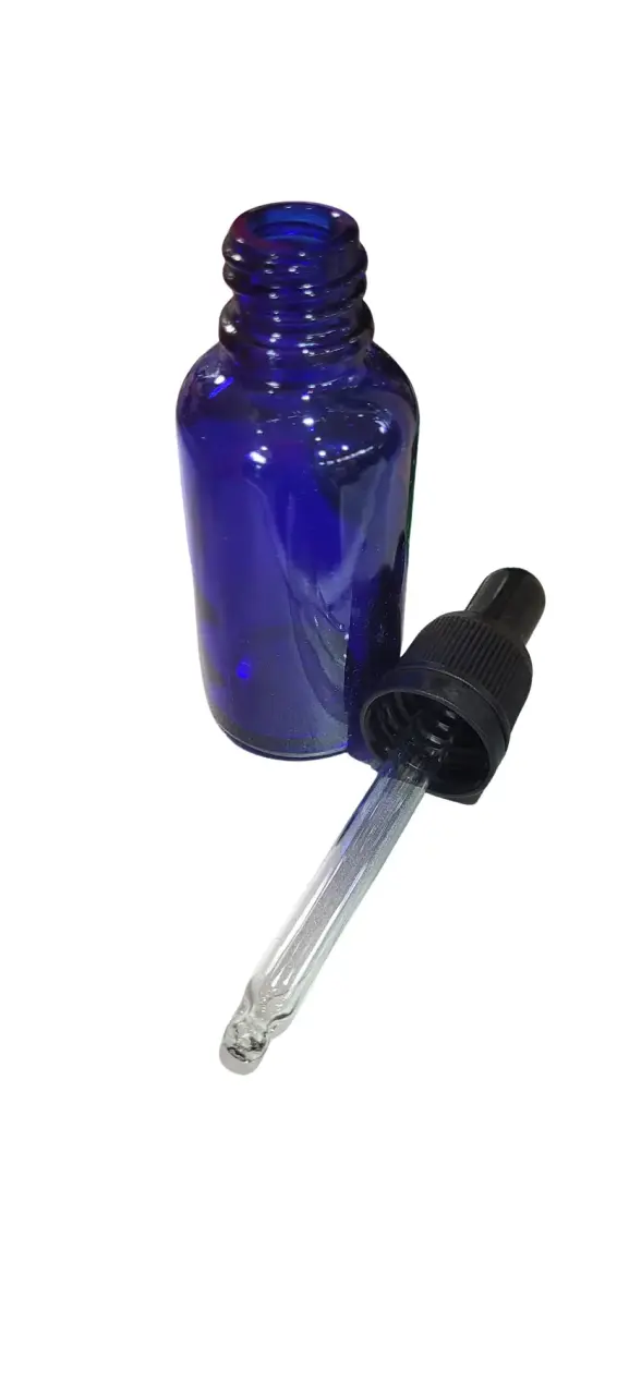 Botella de vidrio azul con gotario