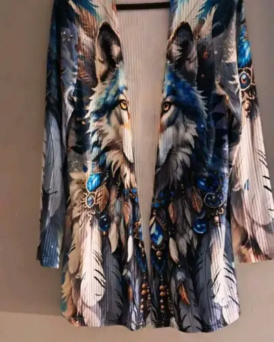 Chaqueta cardigan delgada, estampada lobo azul - miniatura 1
