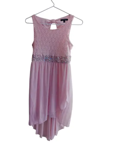 Vestido rosa con encaje y cintura bordada niña - miniatura 1