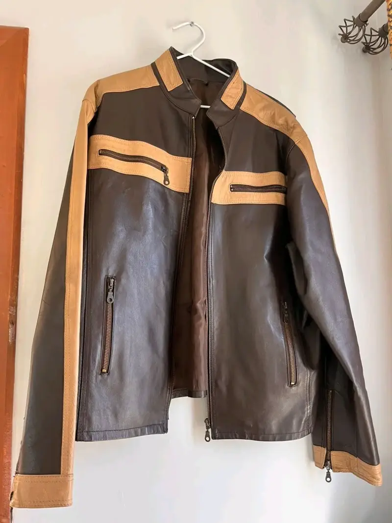 Chaqueta biker café y beige