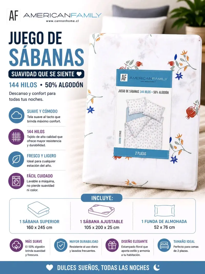 Juego de sábanas American family 2 plazas algodón - 2