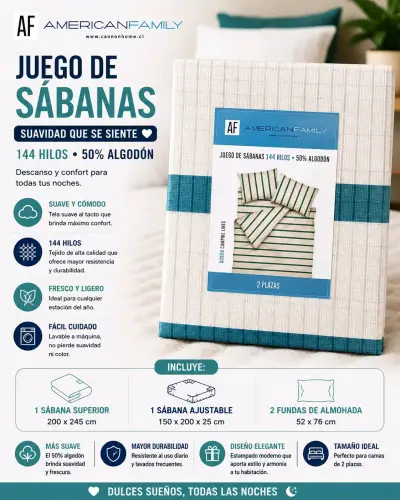 Juego de sábanas American family 2 plazas algodón - miniatura 3