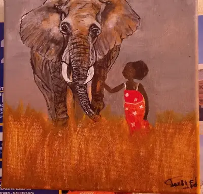 Cuadro arte elefante y niña - miniatura 1