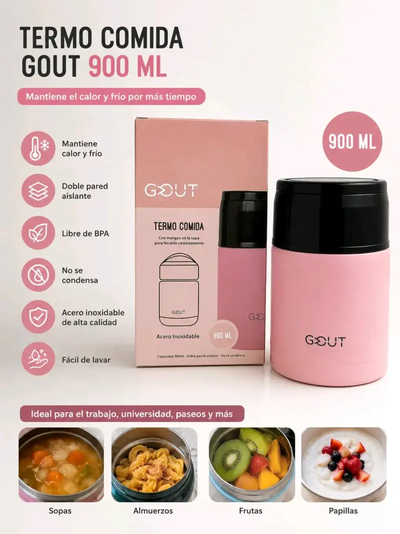 Termo de comida 900ml rosa marca Gout - 2