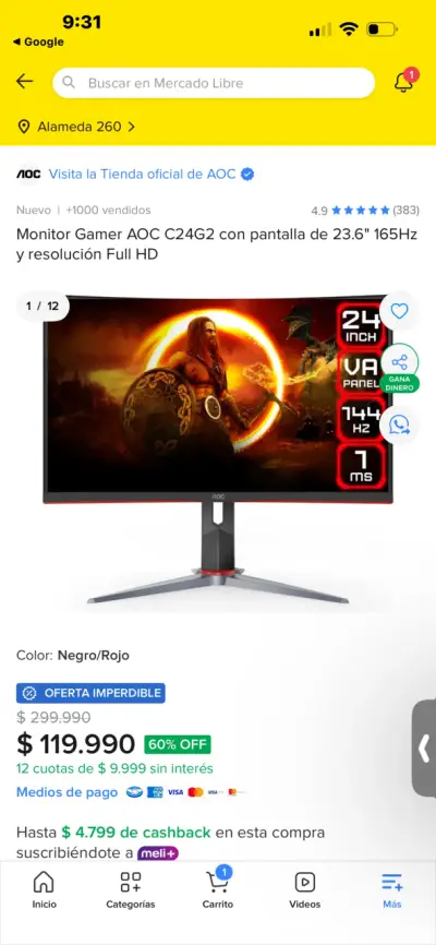 Monitor Gamer AOC C24G2 23.6 pulgadas - miniatura 1