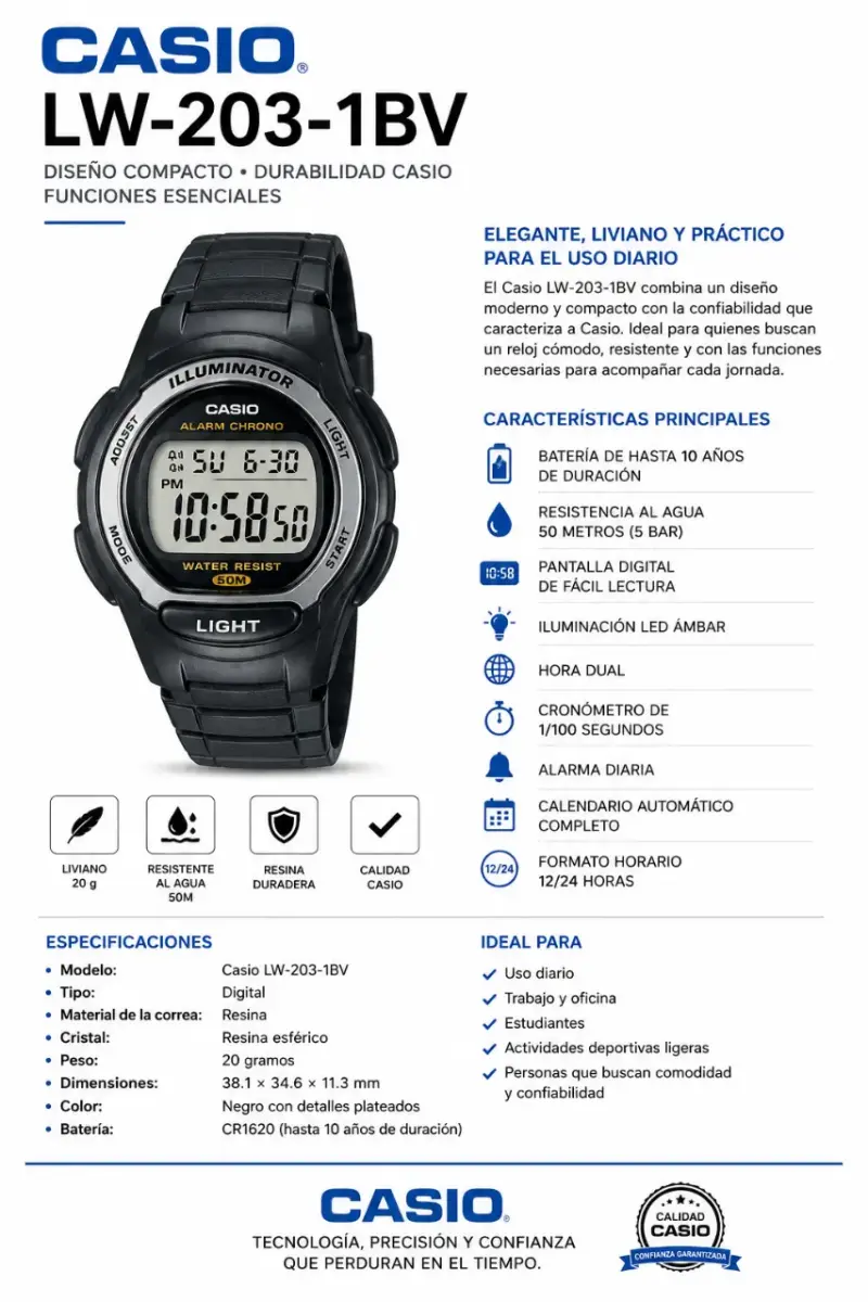 Reloj CASIO LW-203-1BV: Elegancia y Funcionalidad - 1
