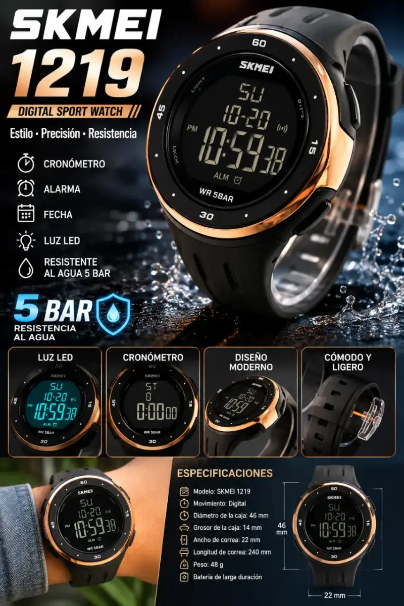 Reloj deportivo SKMEI negro y dorado - 1