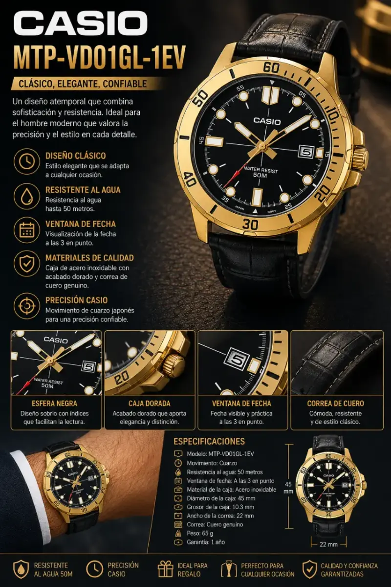 Reloj Casio dorado resistente al agua - 1