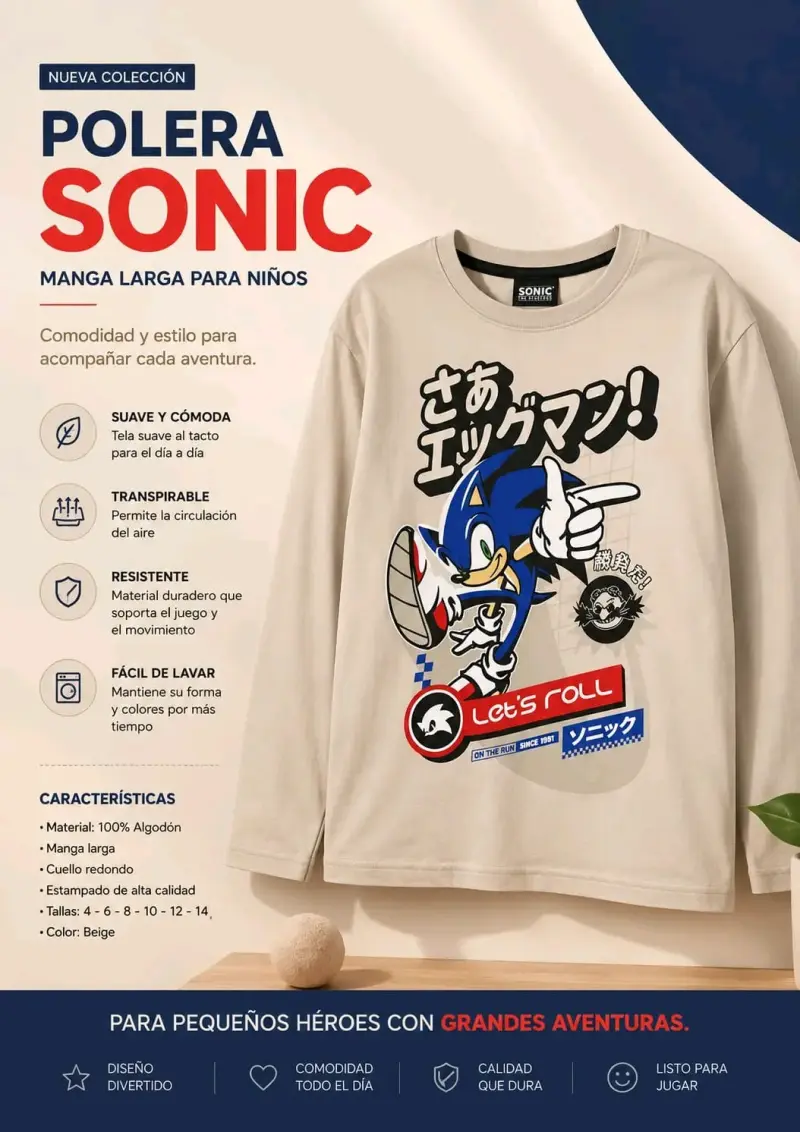 Polera Sonic manga larga beige