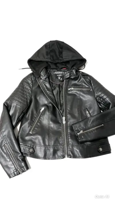 Chaqueta de cuero negra con capucha - miniatura 1