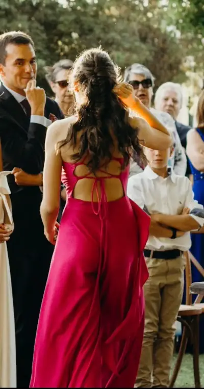Vestido largo fucsia con volantes - miniatura 4