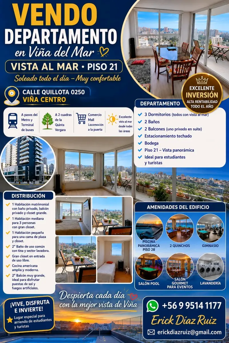 Vendo Departamento en Viña del Mar vista al mar - 1