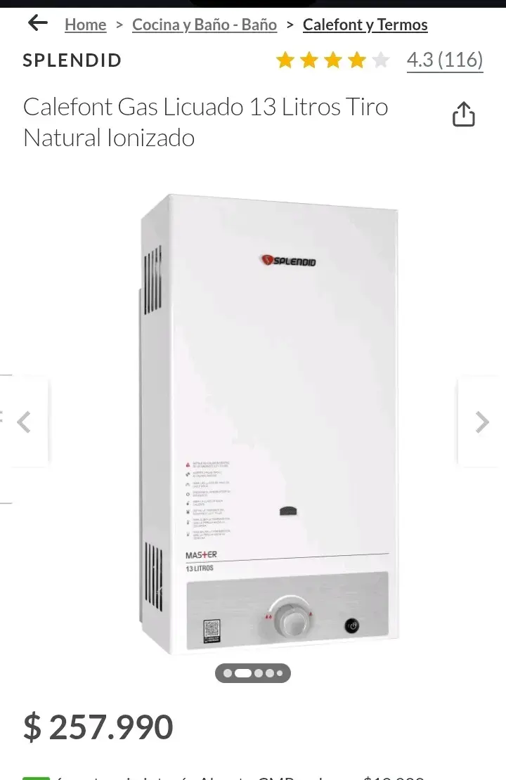 Calefont gas licuado 13 litros Splendid
