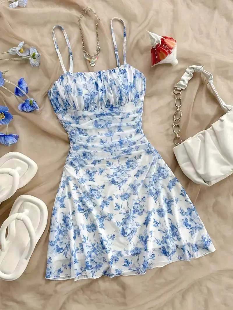 Vestido floral azul y blanco - 1