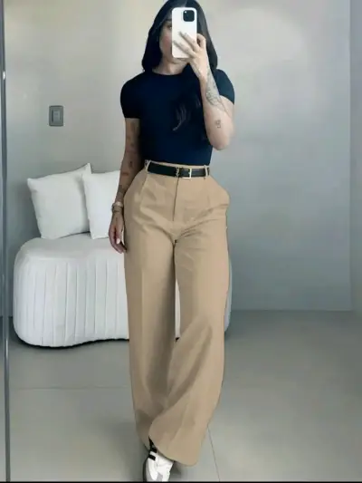 Pantalones beige de tiro alto - miniatura 1
