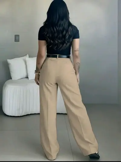 Pantalones beige de tiro alto - miniatura 2