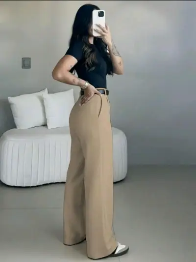 Pantalones beige de tiro alto - miniatura 3