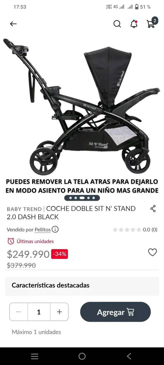 Coche para bebé plegable negro - 3