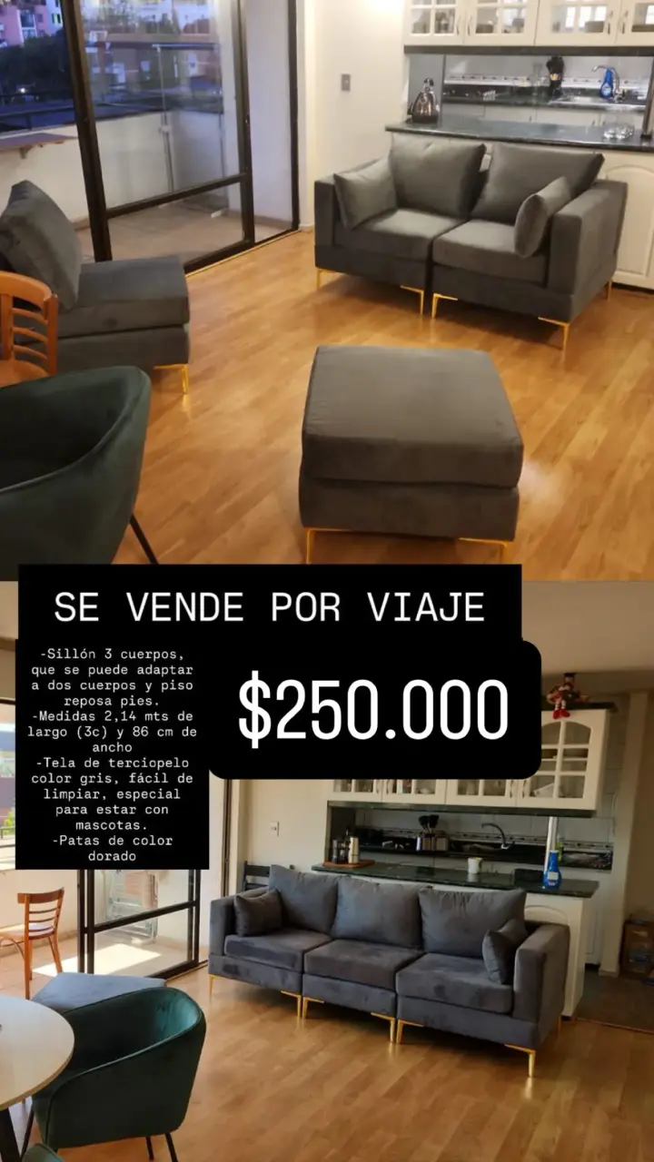 Sofá gris 3 cuerpos terciopelo