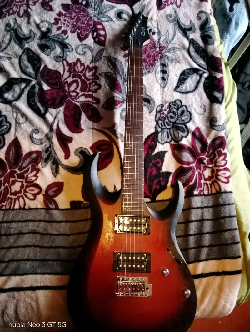 Guitarra eléctrica con cables pedal y amplificador - 2