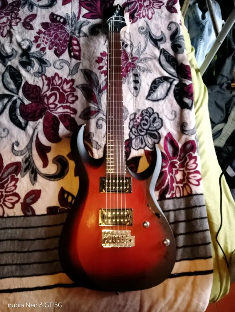 Guitarra eléctrica con cables pedal y amplificador - 5