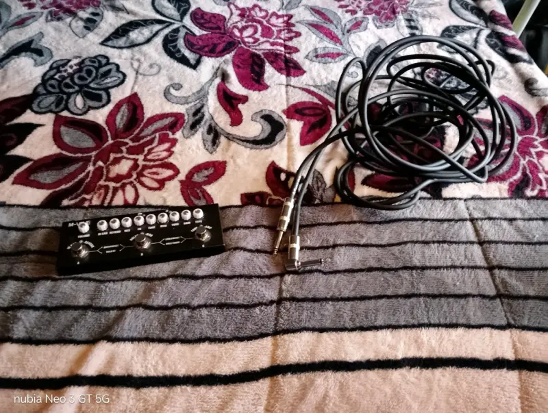 Guitarra eléctrica con cables pedal y amplificador - 7