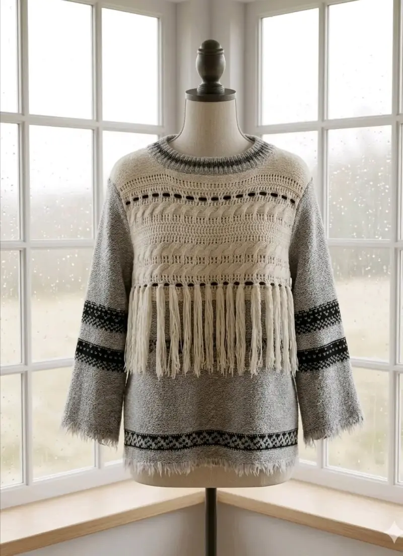 Sweater gris con flecos y diseño bohemio