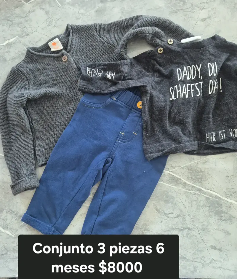 Conjunto bebé 3 piezas gris y azul