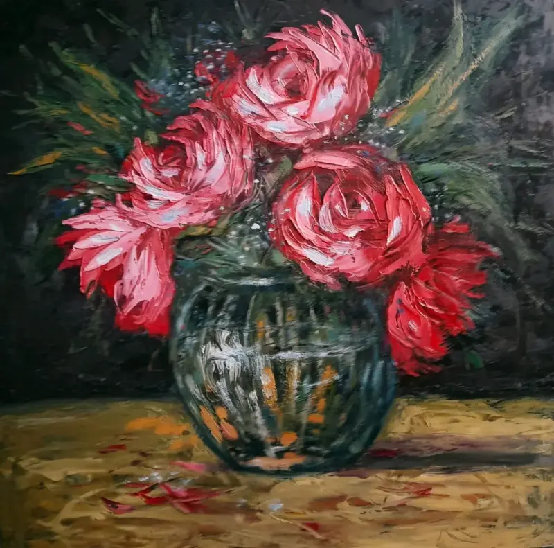 Cuadro óleo flores rosas
