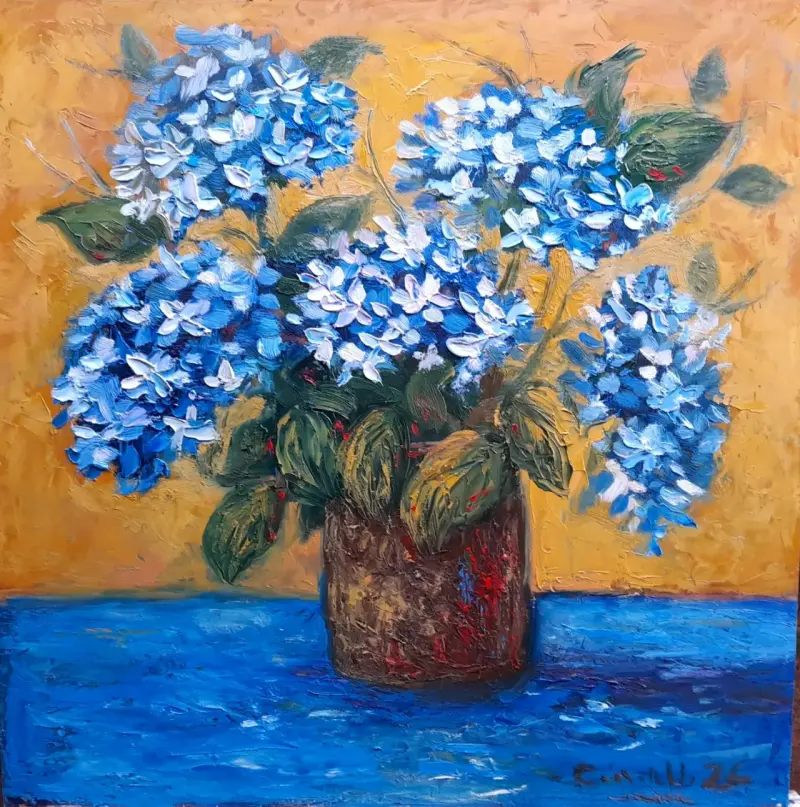 Cuadro óleo flores Hortensias