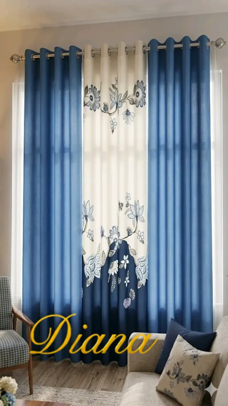 Cortinas azul con bordado floral - 1