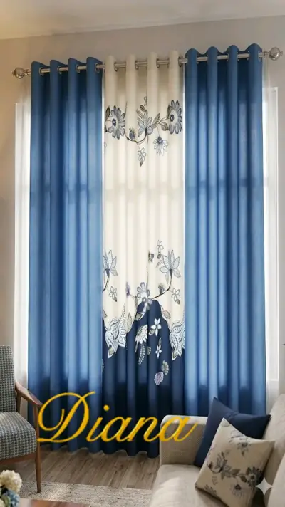 Cortinas azul con bordado floral - miniatura 1