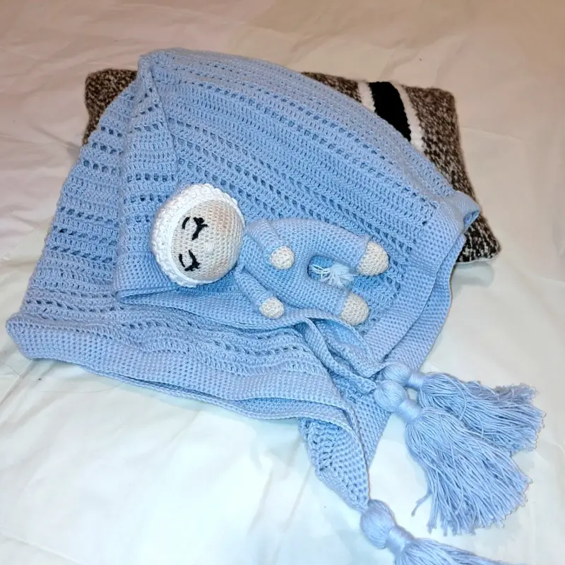 Manta tejida con pompones beige - 5