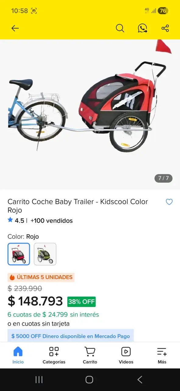 Carro paseo y para enganche bicicleta rojo - 1
