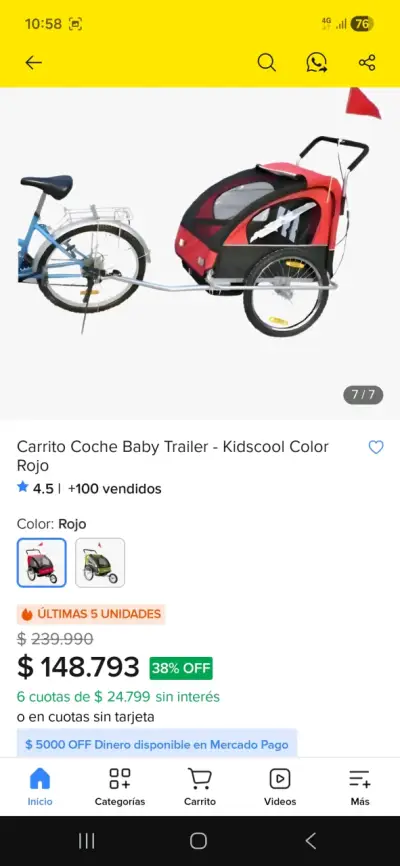 Carro  paseo y para enganche bicicleta  rojo - miniatura 1