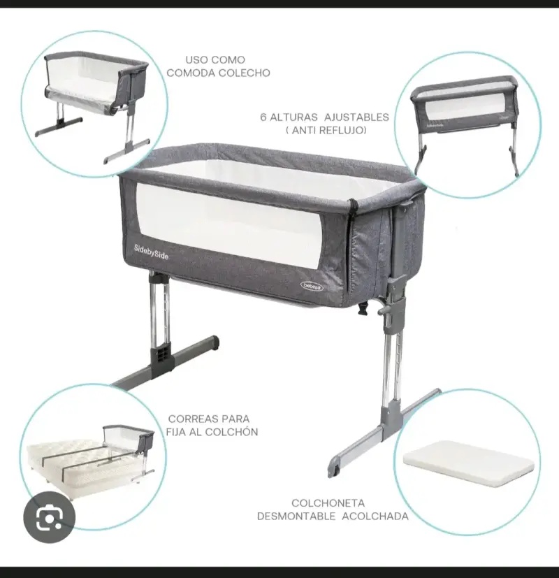Cuna colecho ajustable gris