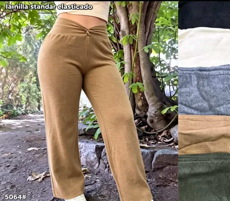 Pantalones elasticados beige lanilla - 1