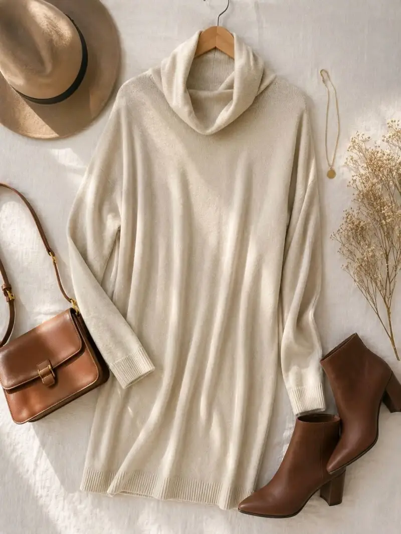 Sweater beige con cuello alto - 1