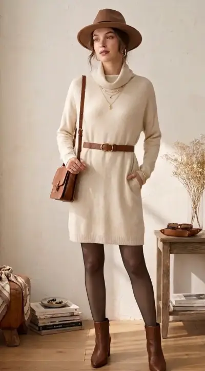 Sweater beige con cuello alto - miniatura 3