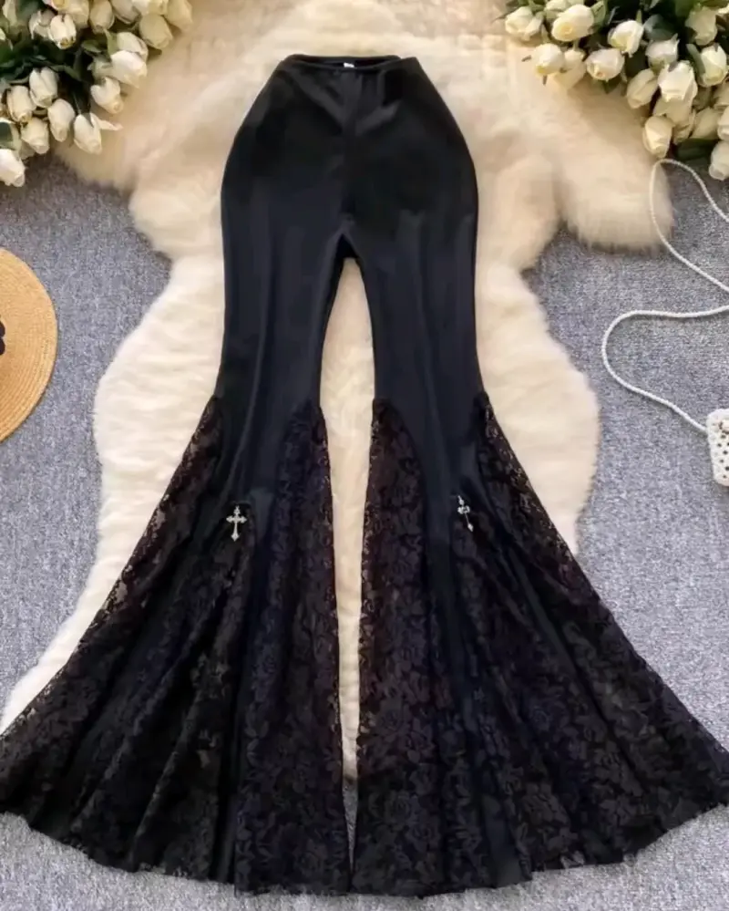 Pantalones acampanados negros encaje XL - 1