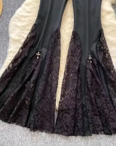 Pantalones acampanados negros encaje XL - miniatura 2