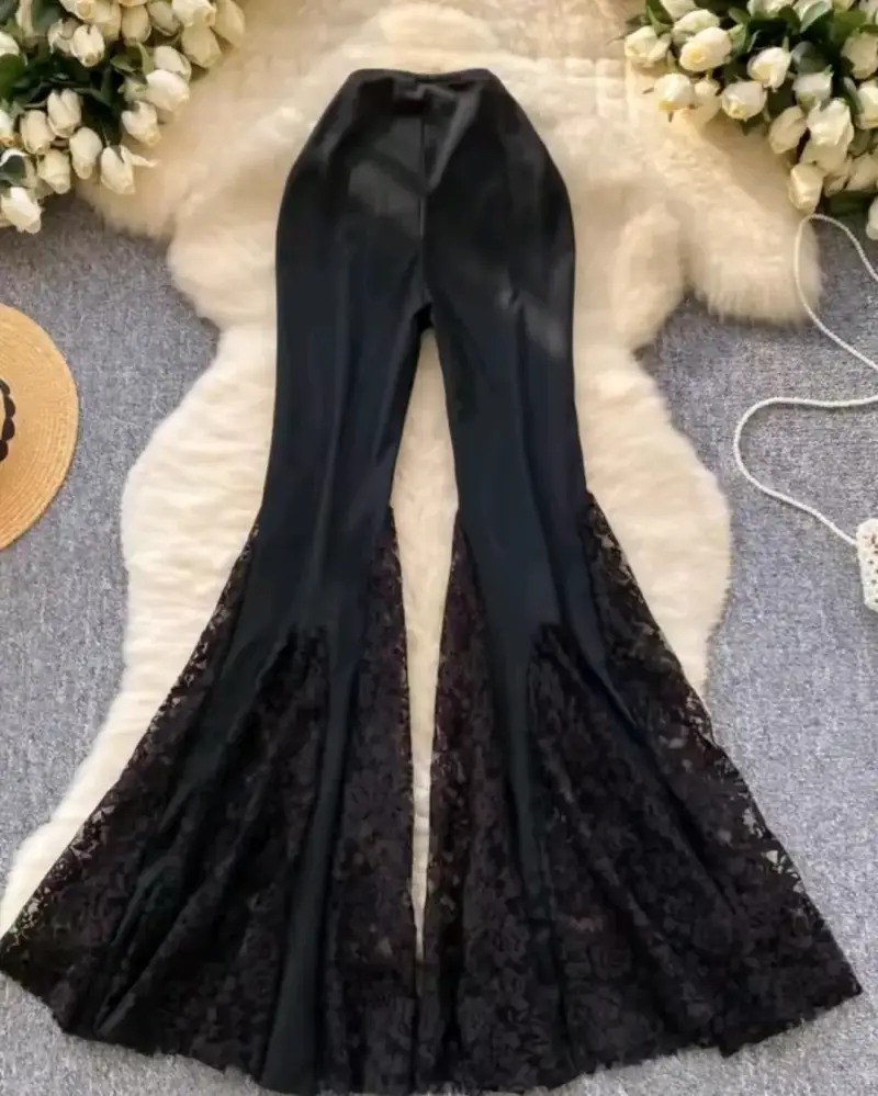Pantalones acampanados negros encaje XL - 3