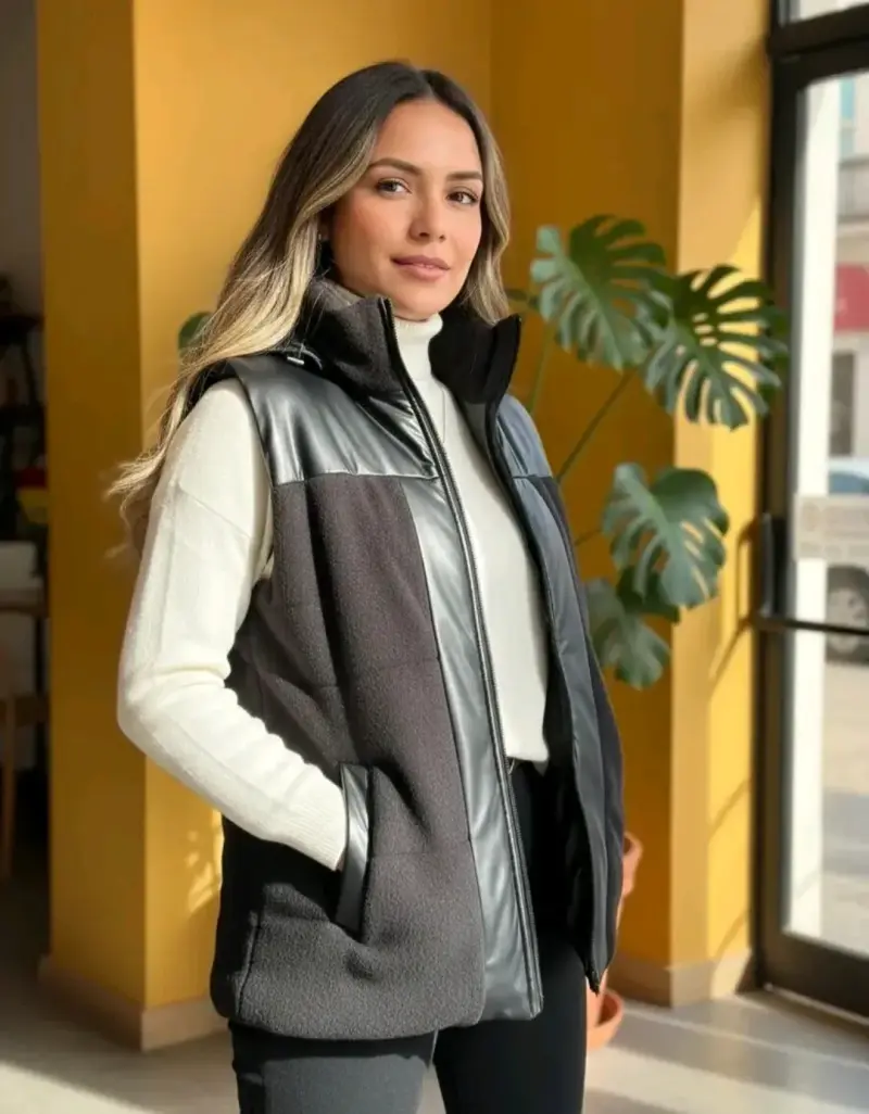 Chaqueta polar negro y café sin mangas - 3