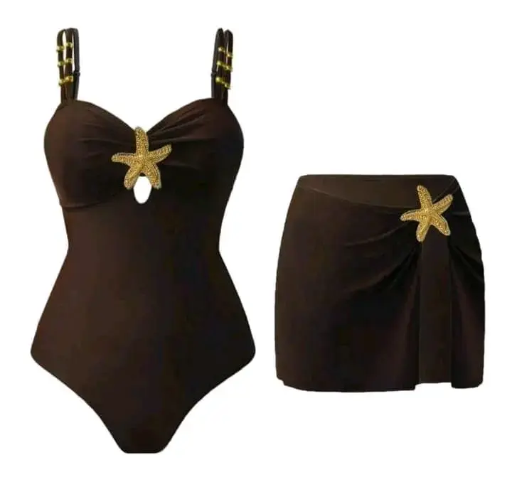 Traje de baño cafe con falda - 1