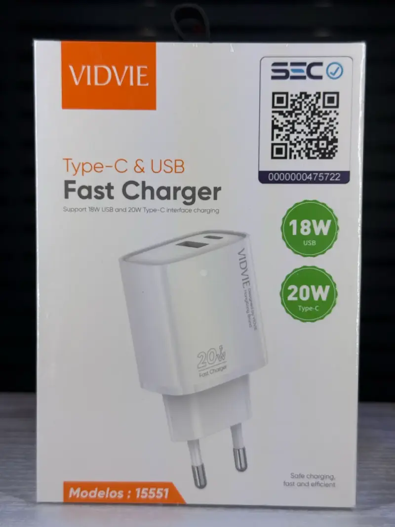Cargador rápido Vidvie USB y Type-C