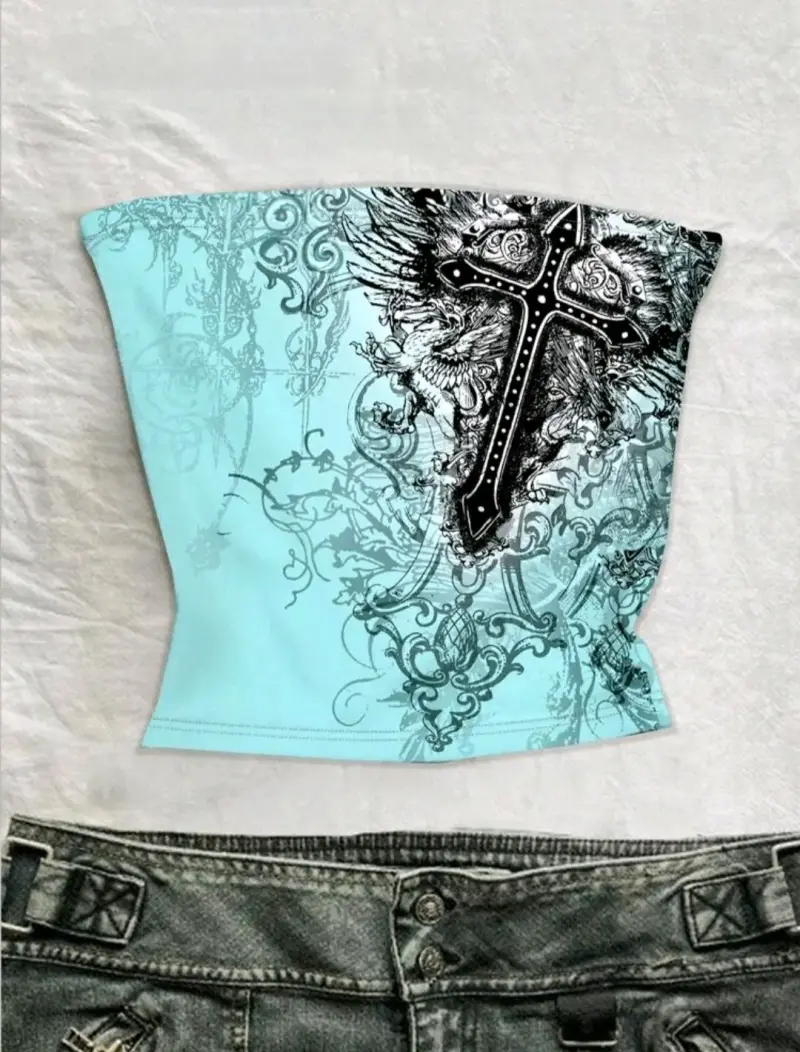 Top strapless celeste con diseño - 1