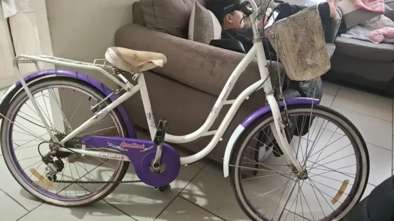 Bicicleta urbana blanca y morada